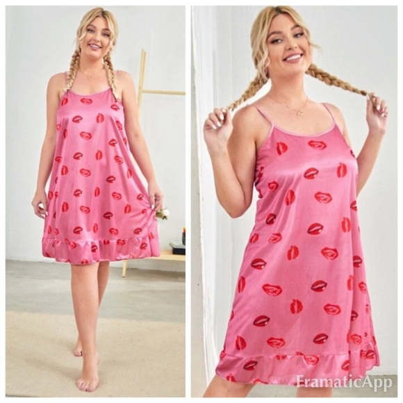 SHEIN Other - NEW Lip Print Ruffle Hem Satin Cami Night Dress